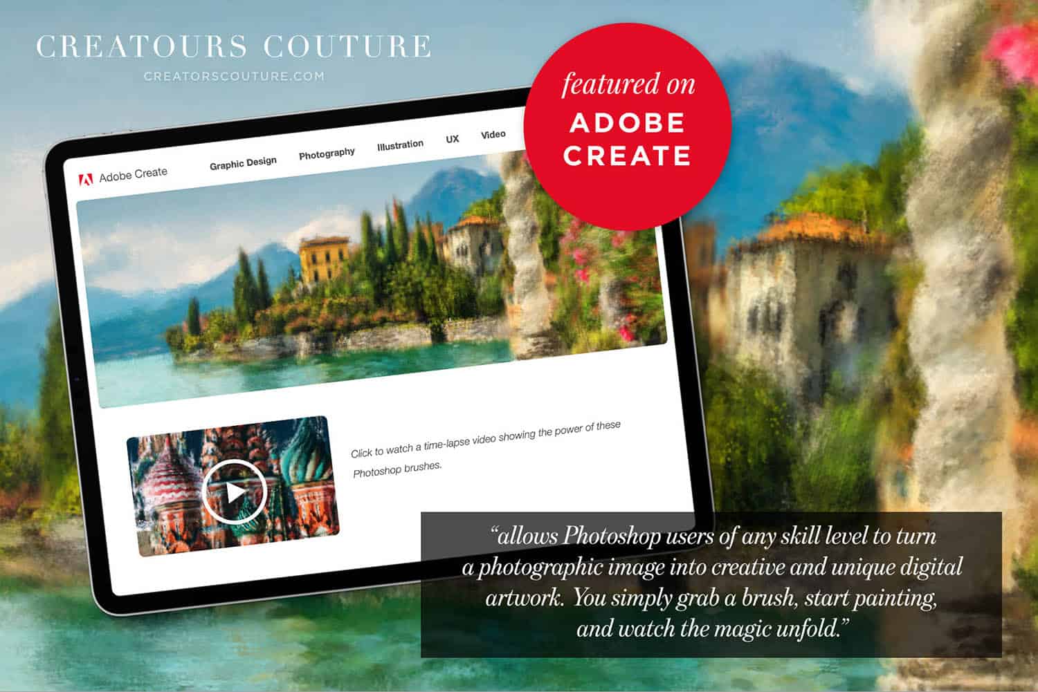 This explainer image for Creators Couture outlines the advantages of using FREE Photoshop brushes to create Impressionist-like paintings