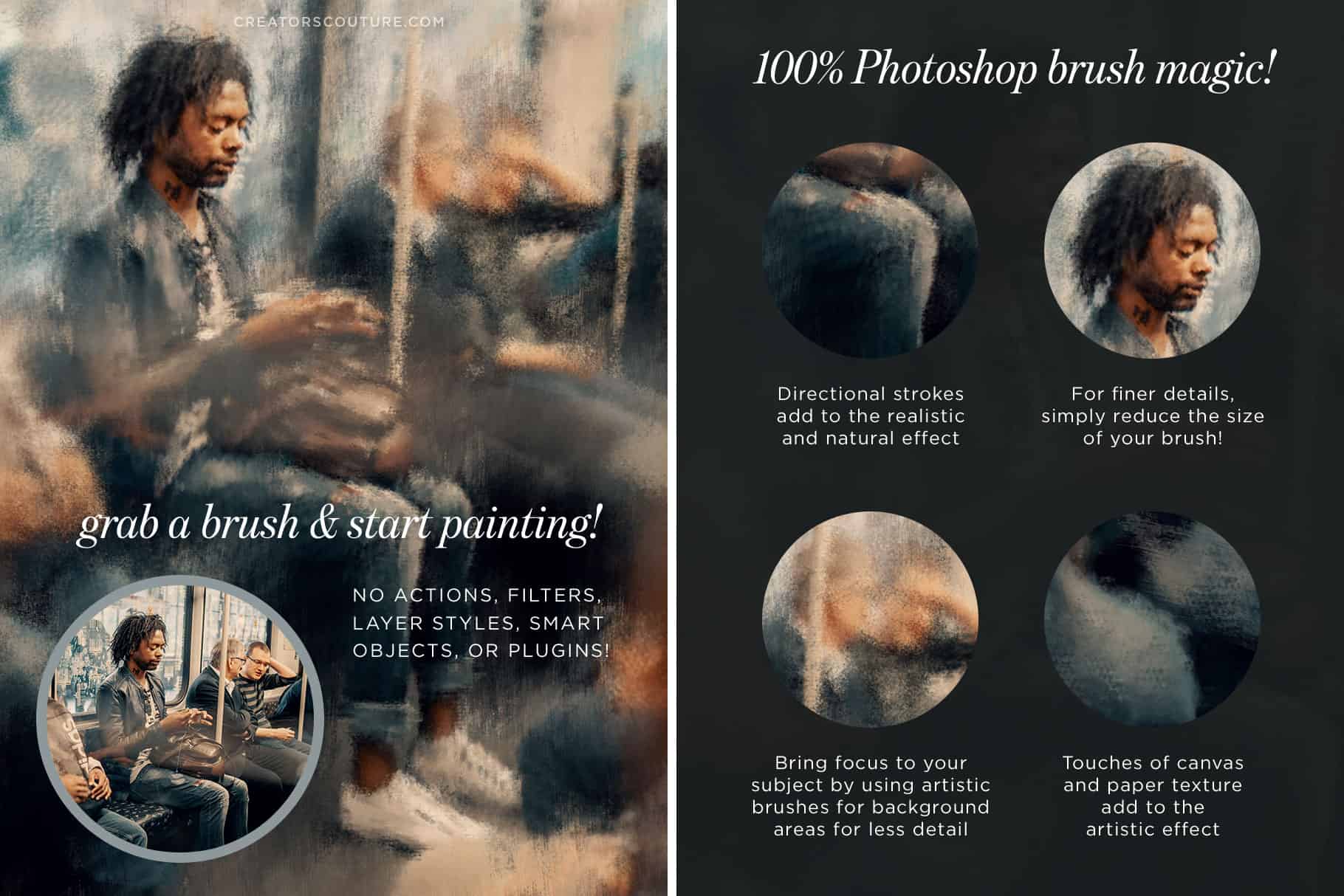 This explainer sheet describes how to use Photoshop brushes to create a painterly effect on a photograph. In this example, a Black man is sitting on a subway. Both the manipulated image and a selection of the unedited image are shown.