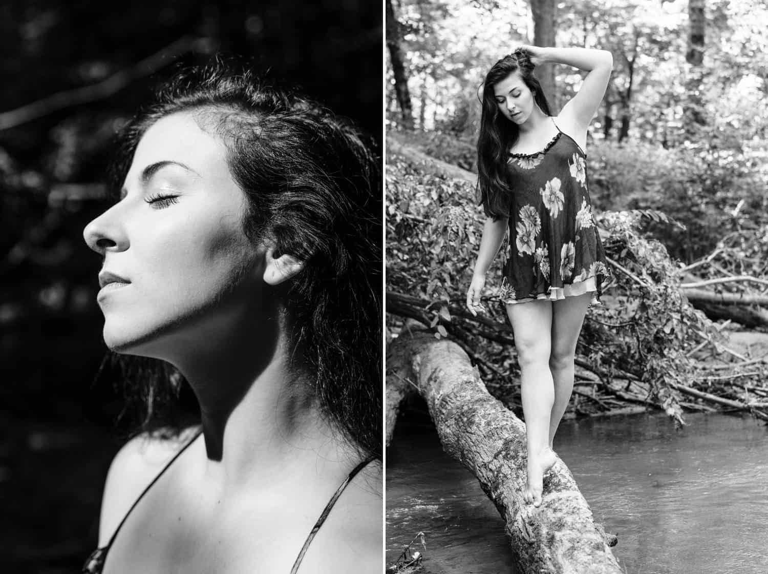 In portrait one, a woman closes her eyes and tilts her face toward the sun. In the next photo, that same woman tip-toes across a fallen log that has created a natural bridge over a creek. In both photos she's wearing a floral nightie that perfectly complements her outdoor boudoir session.