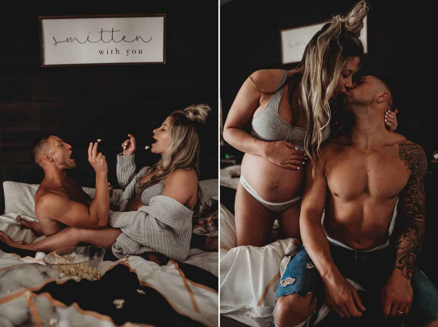 A sign that reads "Smitten with you" hangs above the bed where a couple sits, tossing popcorn into one another's mouths before kissing lightly.