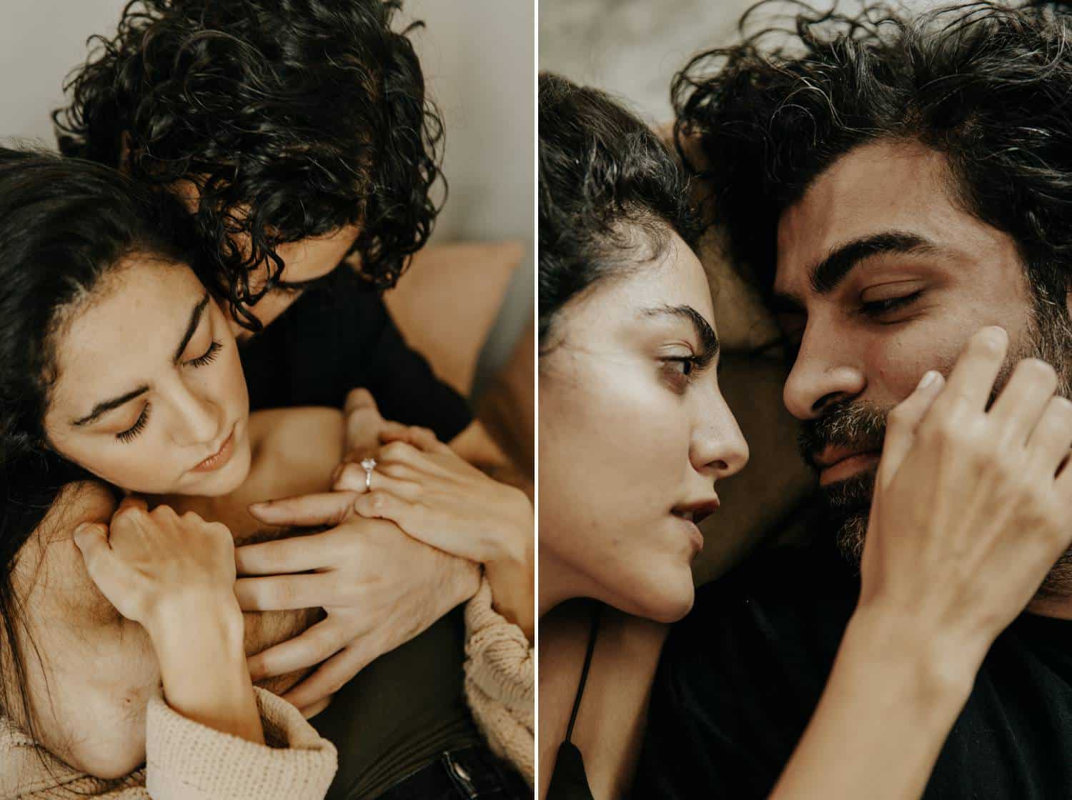 Two photos show a couple holding one another close as they lie on a bed.