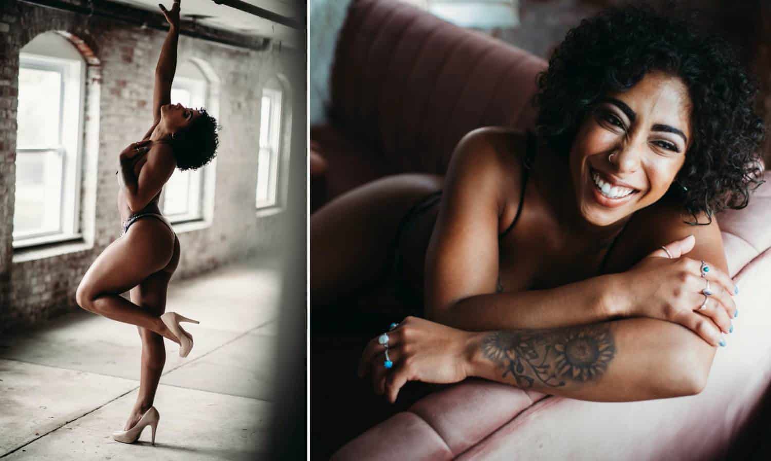 In photo one, a boudoir photography model poses in high-heels, doing a dance-like move while facing the large windows of a loft-style boudoir studio. In the next photo, a woman reclines on a sofa and smiles at the camera.