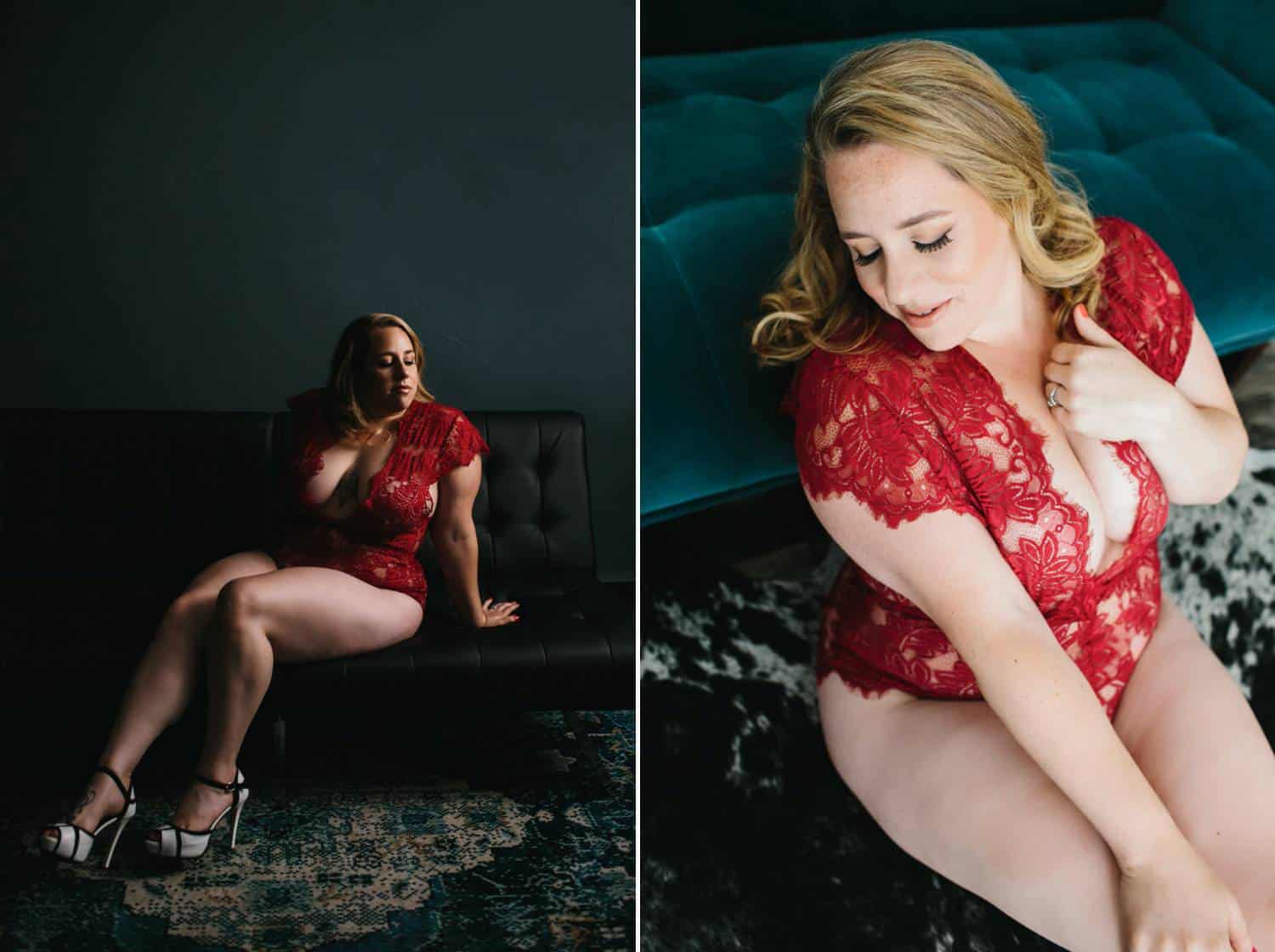 Two photos created in a dark photography studio showcase a sensually-posed blonde woman wearing a red neglige and high heels.