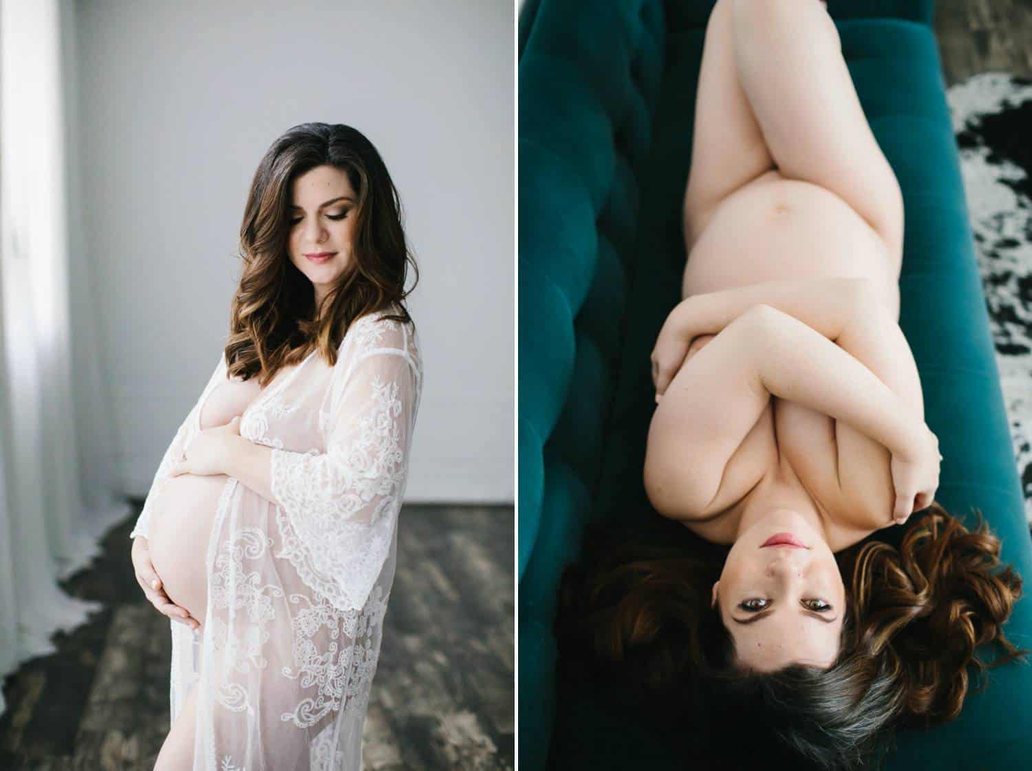 A pregnant woman poses for sensual boudoir photographs. In one, she's draped in a white lace robe with only her pregnant belly exposed. In the other, she's completely naked, using her arms and legs to cover her private parts.