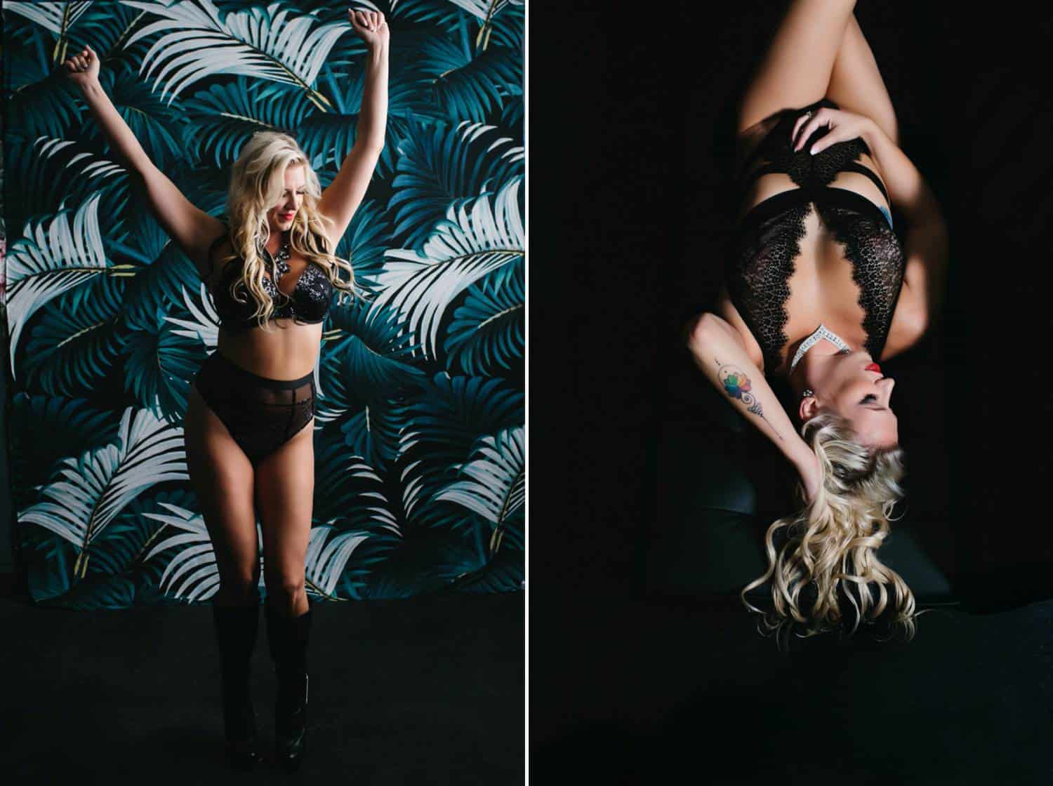 Two photos of a blonde woman in black lingerie show her posing happily in front of a fern-printed wallpaper, then lying on a bed with one hand tracing through her hair. Learn how to take boudoir photos like these from Cole's Classroom online!
