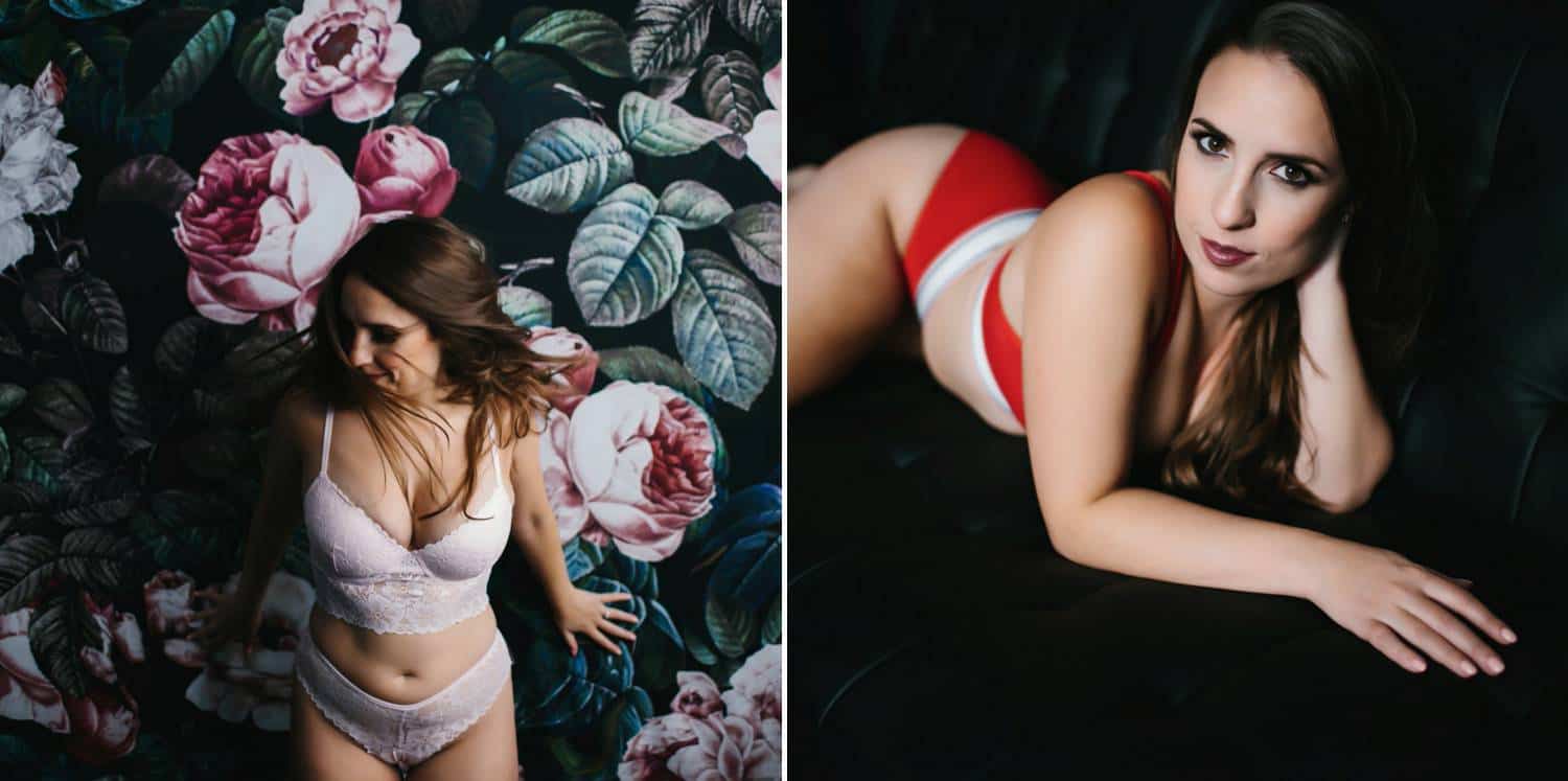 In two boudoir photos of the same woman, she's depicted very differently. In the first photo, she wears pink lingerie against a pink floral wall. In the second image, she wears sporty red underwear and lies on a bed.