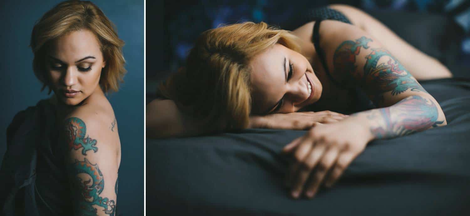 Photographs of a short-haired blonde woman with tattoos in a boudoir studio.
