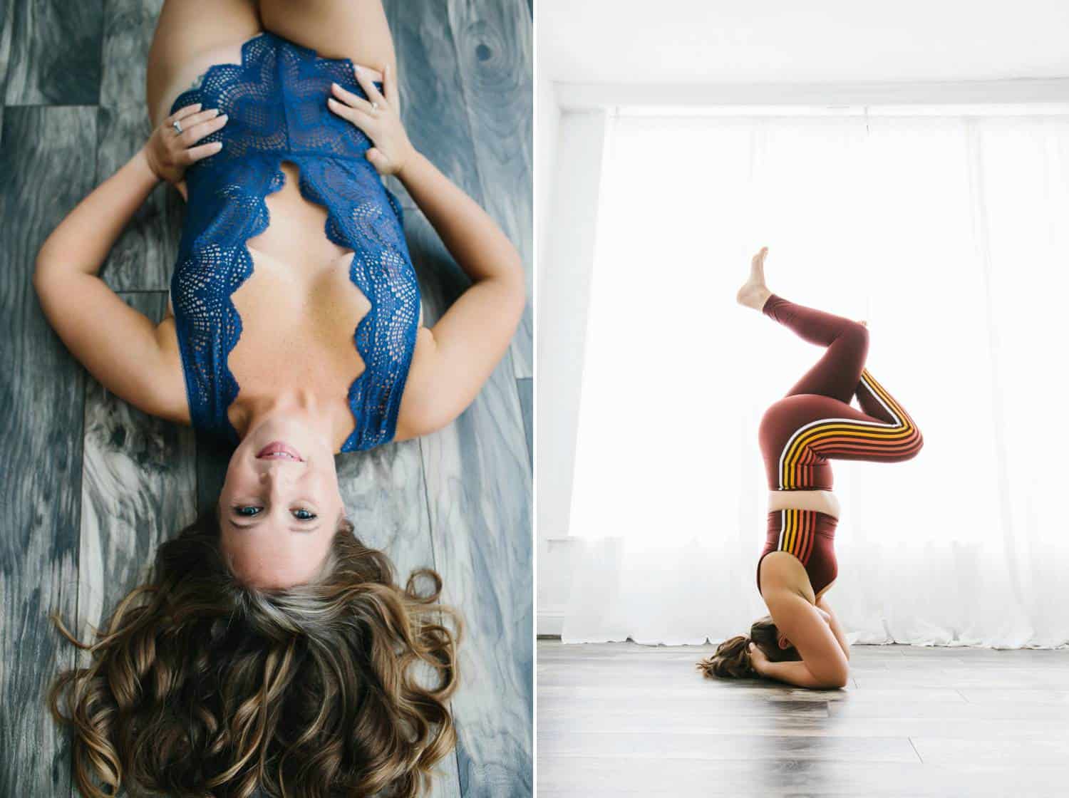 A woman is photographed twice: once lying on her back in blue lingerie, and once doing a headstand in front of a window while wearing burgundy yoga attire.