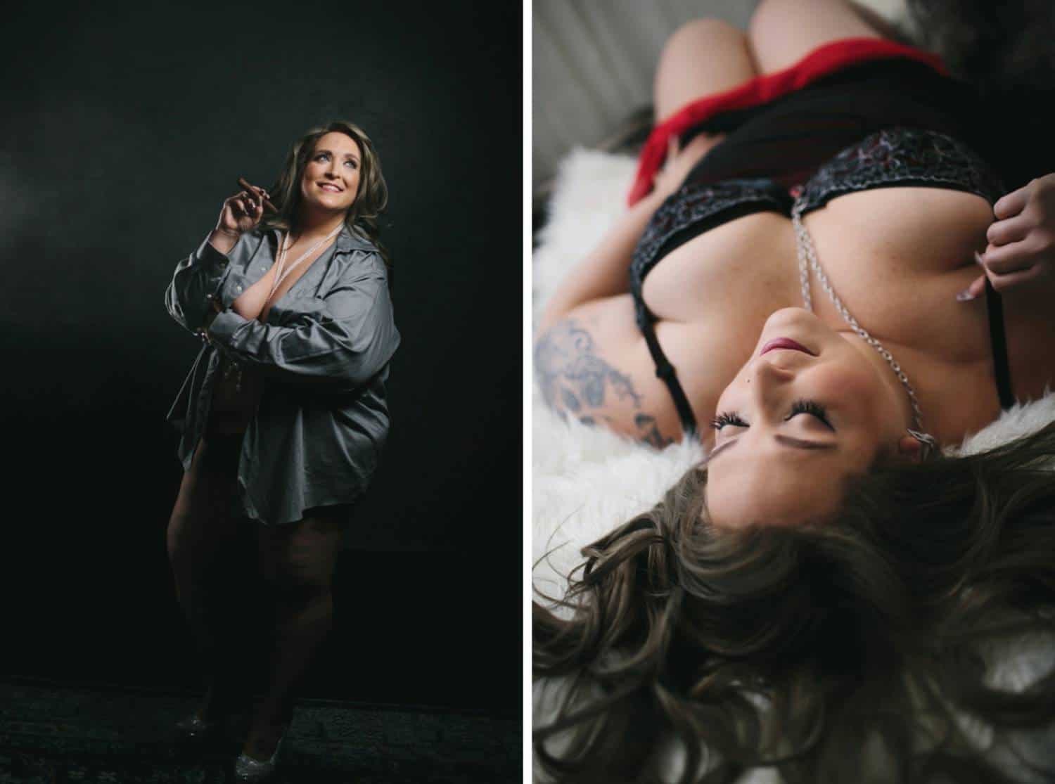 Two boudoir photos depict a woman with curly, dark blonde hair posed first in an oversized button-down shirt, then in black lingerie lying on a bed.