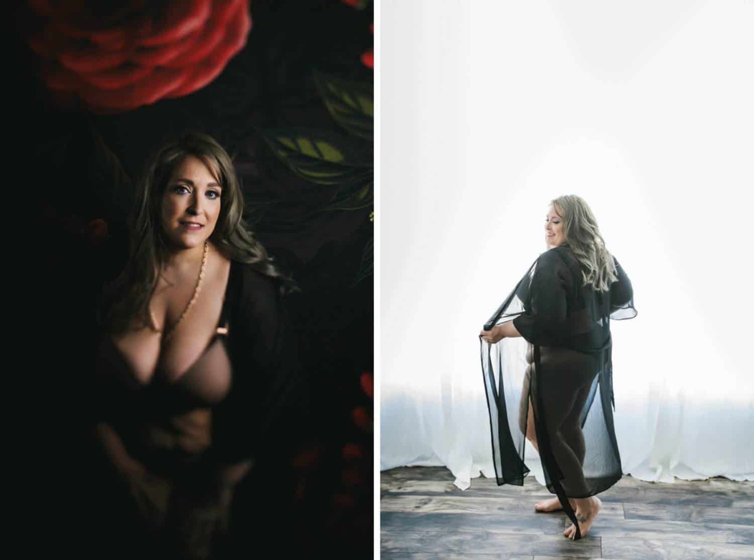 Learn how to take boudoir photos by reviewing images like these: a full-figured woman poses for her boudoir portraits, first in front of a dark background, then in front of a brightly-lit window.