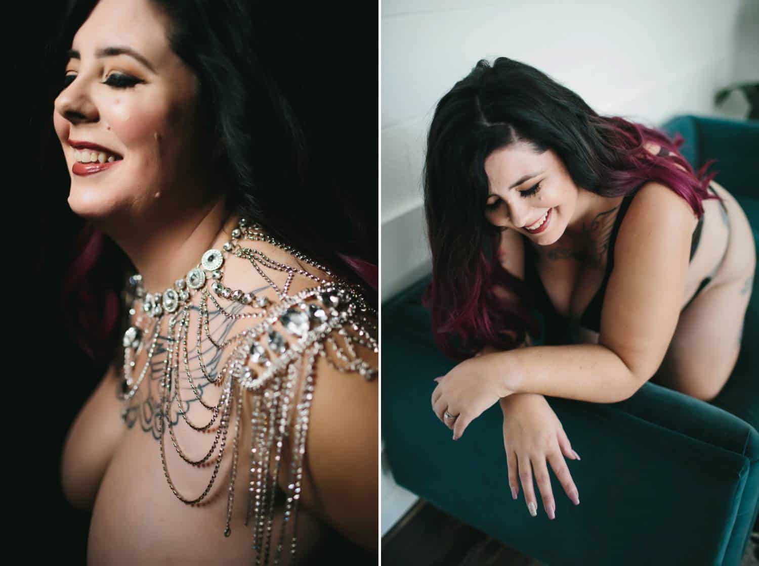 Two photos depict a brunette woman smiling for her boudoir shoot. In the first photo, her shoulders are draped with a layered necklace as the rest of her appears to be nude. In the next photo, she knees over the arm of a green velvet sofa wearing a burgundy negligee.