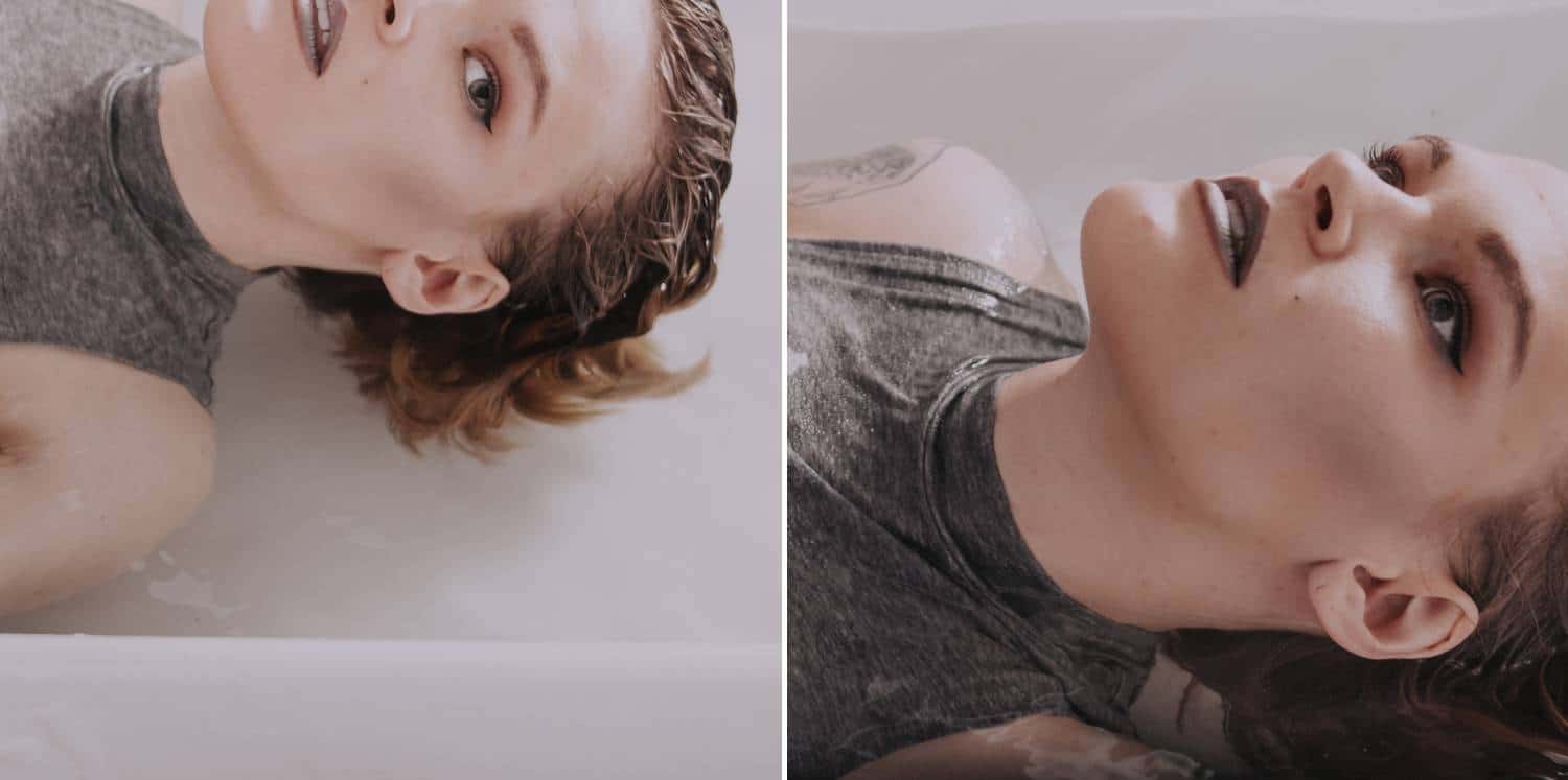 Two close-up photos show different angles of a woman's face in a bathtub, posed for boudoir photos