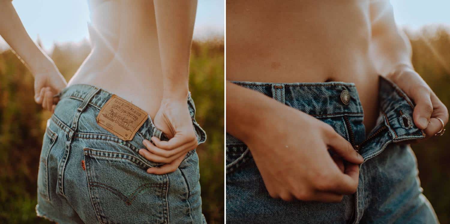 Two close-up photos of a woman's waist show the back and front of her Levi's cut-off jean shorts.