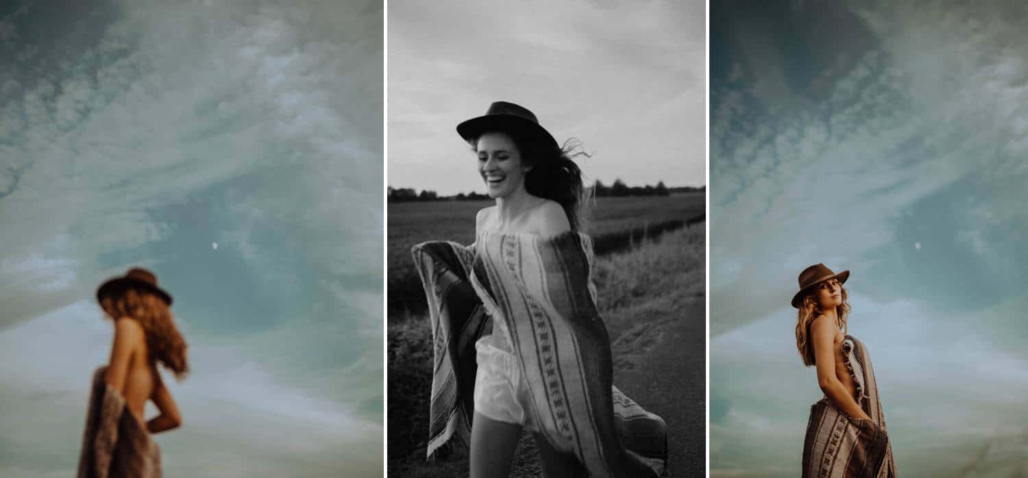 A hippie woman with long, wild hair walks through a field beneath a blue sky. She's wearing a Free People slip and a felt cowboy hat. Learn how to take boudoir photos like this one at ShootProof.com/blog!