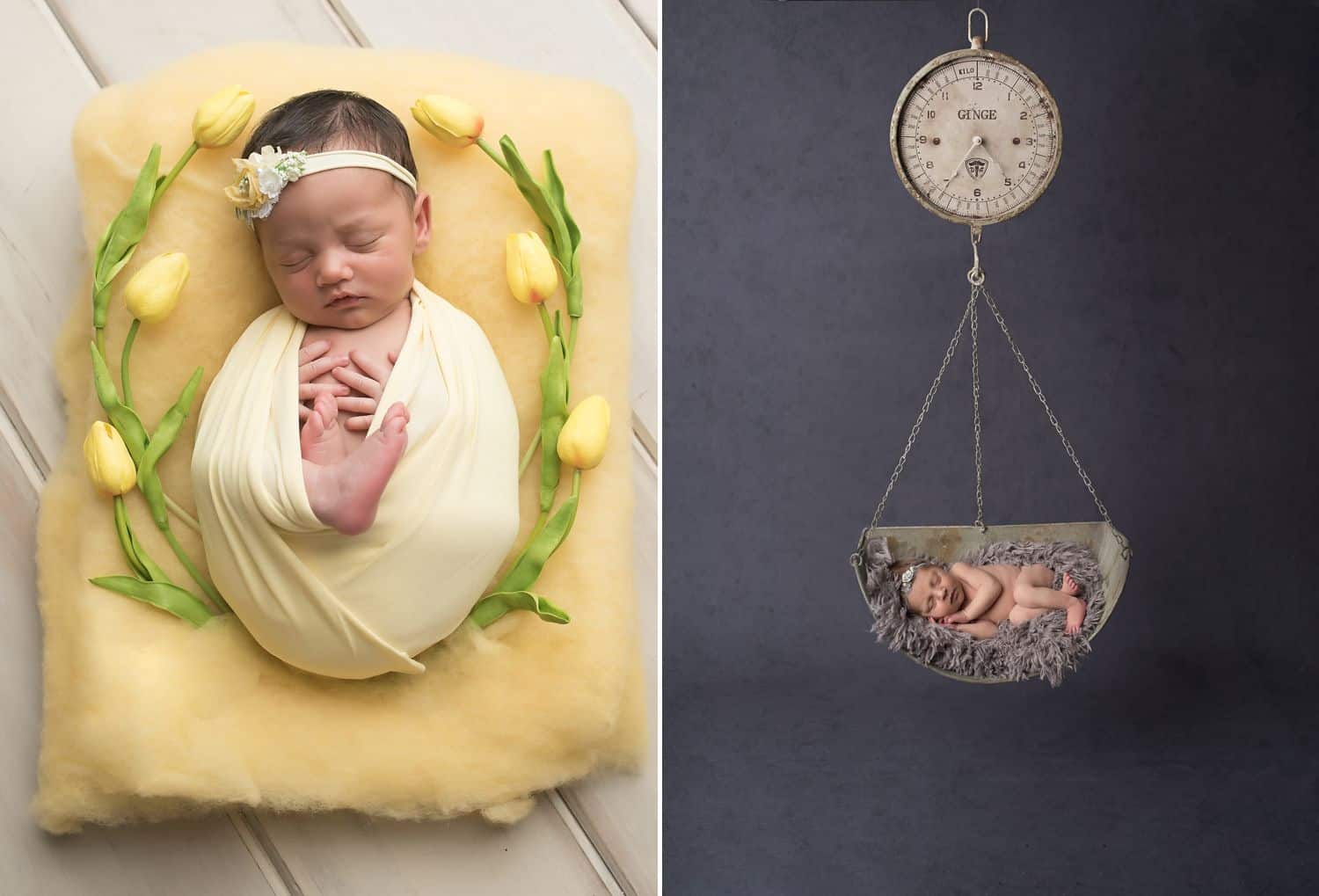 Use the best newborn photography props to make photos like these! #1: a baby swaddled in yellow lies atop a golden foam cushion surrounded by tulips. #2: A naked newborn lies on her side on a gray fur blanket. She is cradled in a giant, silver scale.