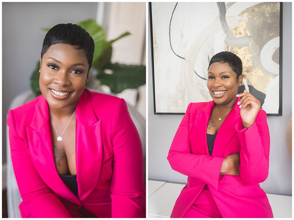 woman in pink suit