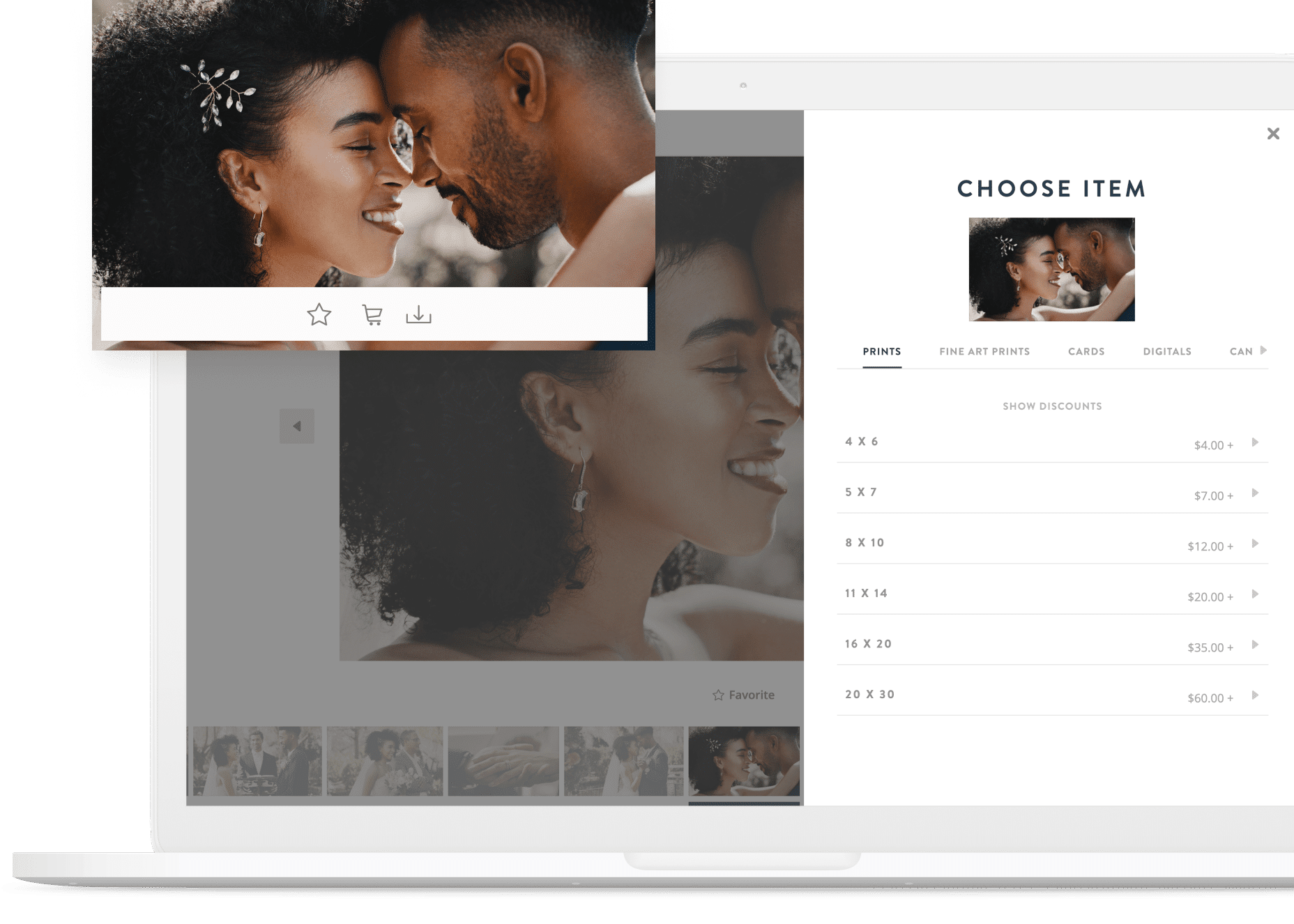 View in ShootProof of where clients can purchase prints, digitals, cards, etc.