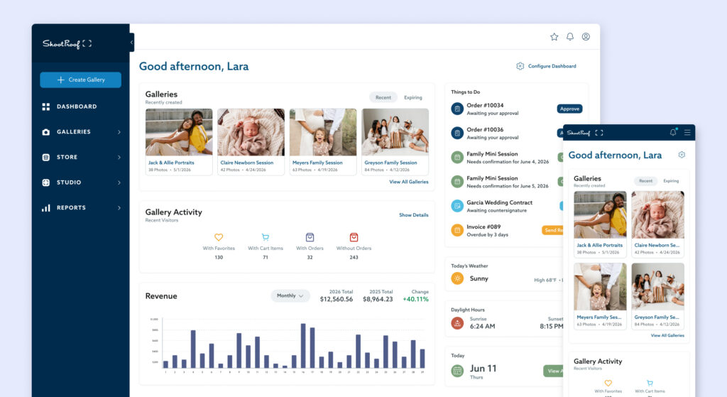 A clean, modern digital dashboard for a photography business named ShootProof is displayed on both a desktop screen and a mobile phone mockup, featuring sections for galleries, activity metrics, revenue charts, and a "Things to Do" task list.