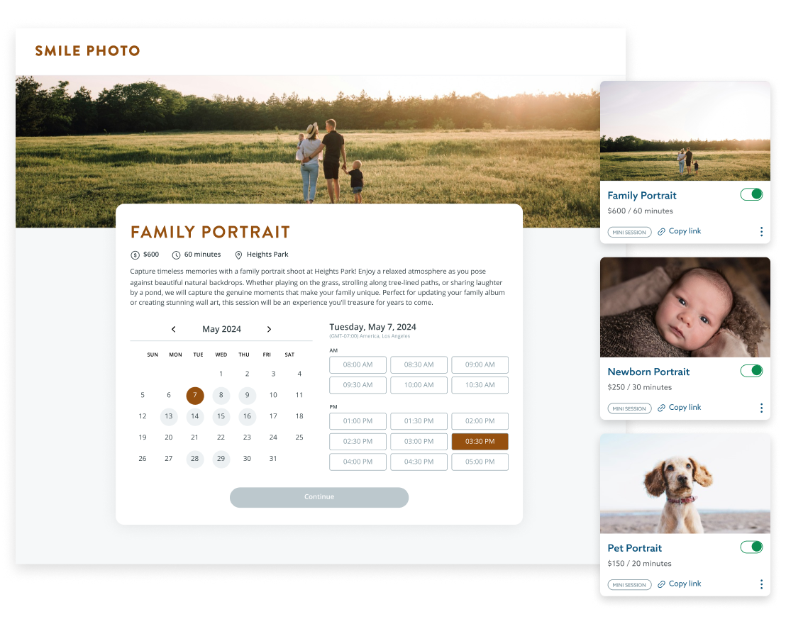 The image shows a website interface for booking a photography session, with a large image of a family in a field and a calendar to select a date for a "Family Portrait" session, alongside smaller previews of "Newborn Portrait" and "Pet Portrait" options. The interface is clean and modern, with a focus on visual appeal and ease of use.