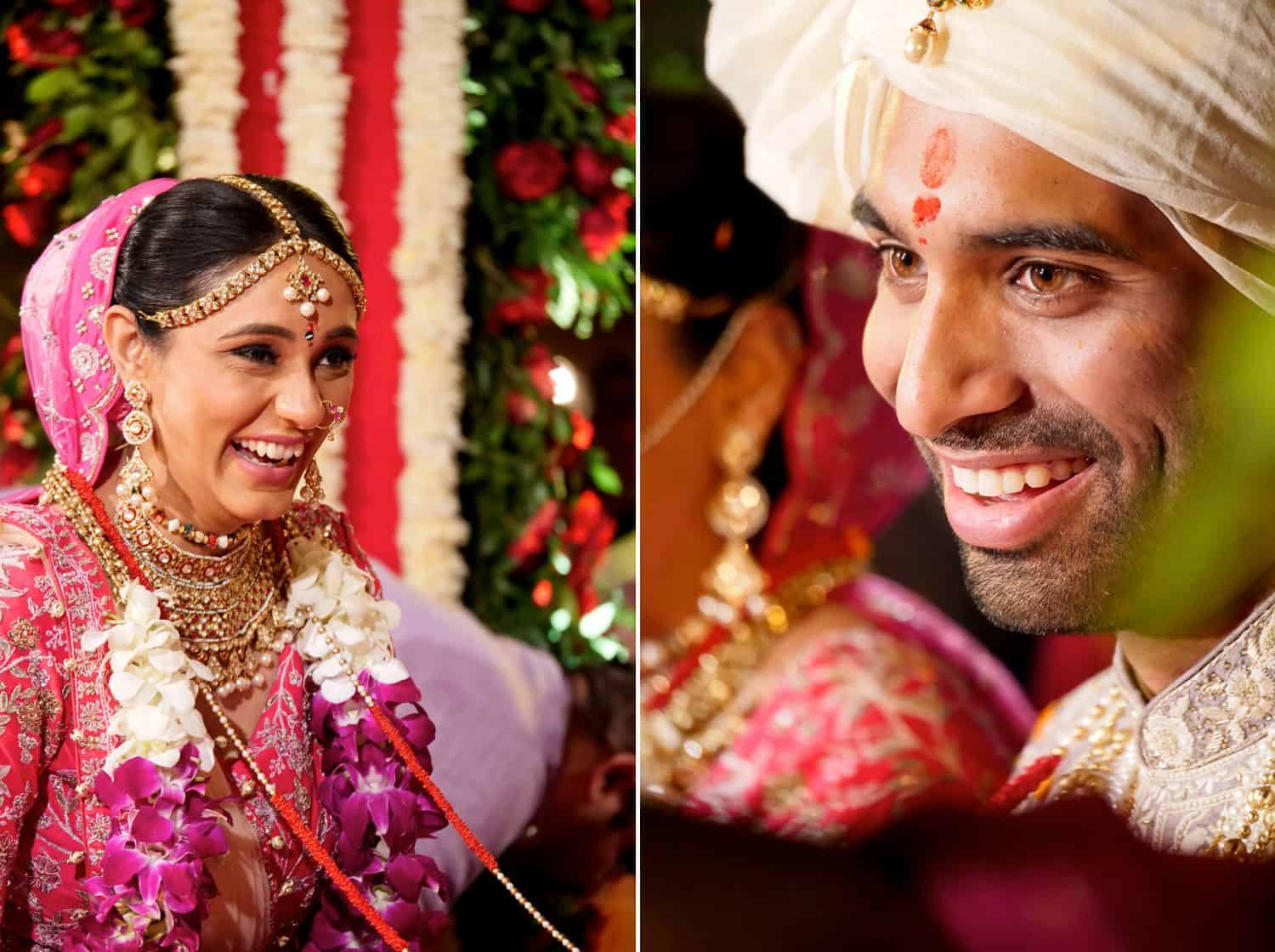Candid photos of the bride and groom smiling at one another