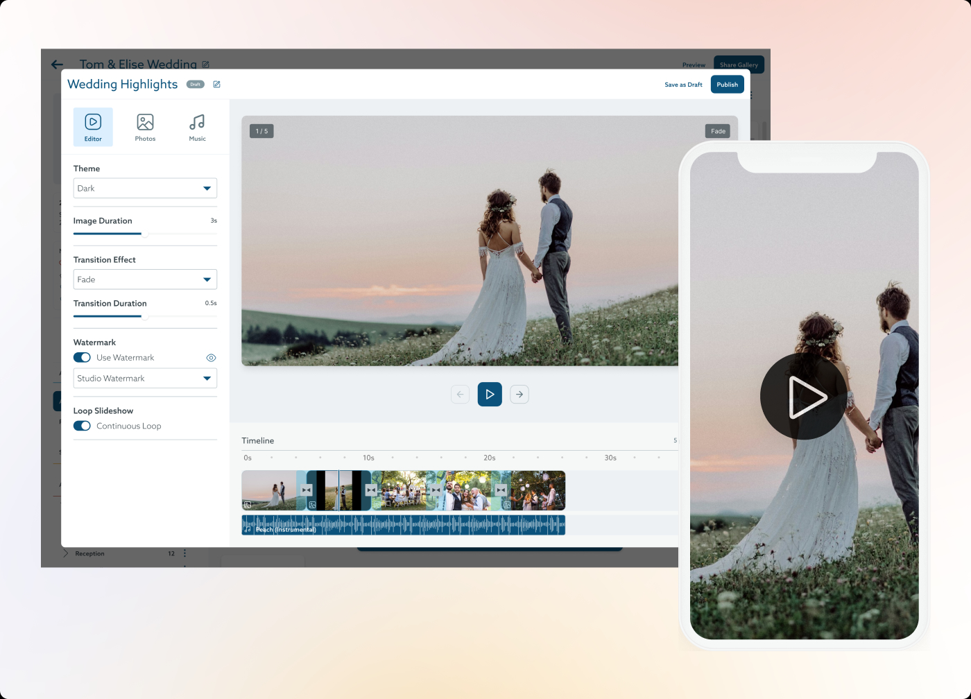 A desktop interface displays a wedding slideshow editor featuring a timeline, customization settings, and a preview of a bride and groom holding hands in a field, which is also shown as a mobile preview on a smartphone to the right.