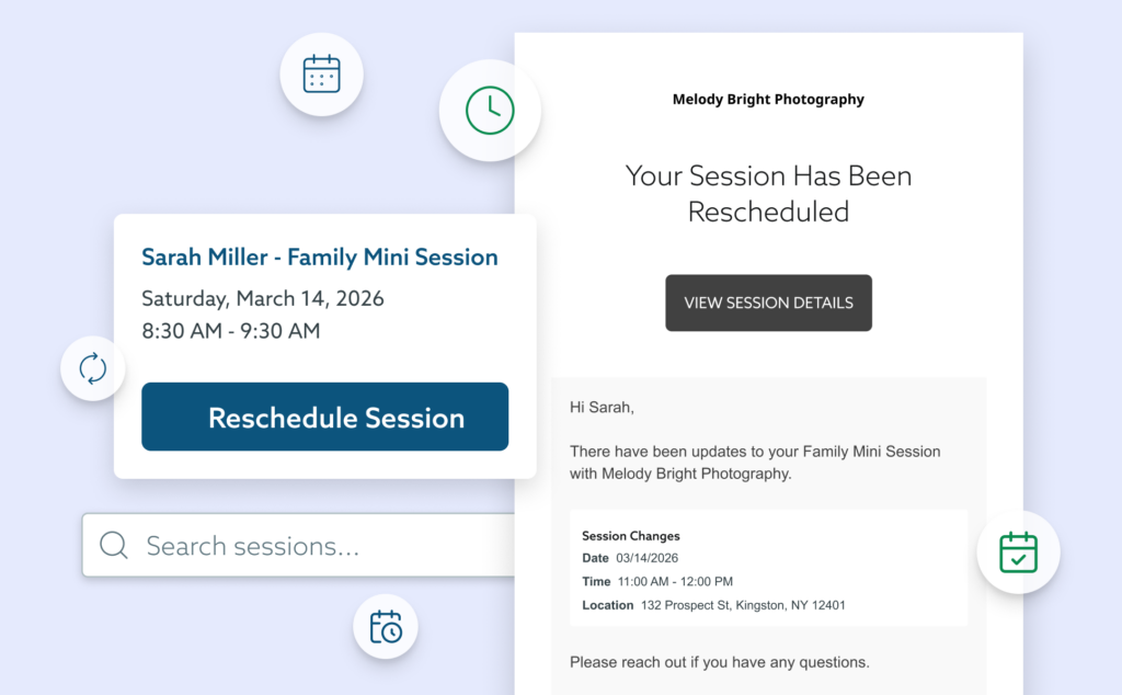 The image shows a screen with a notification that a Family Mini Session with Melody Bright Photography has been rescheduled, with options to view session details or reschedule. The screen also includes a search bar and icons related to scheduling and time.