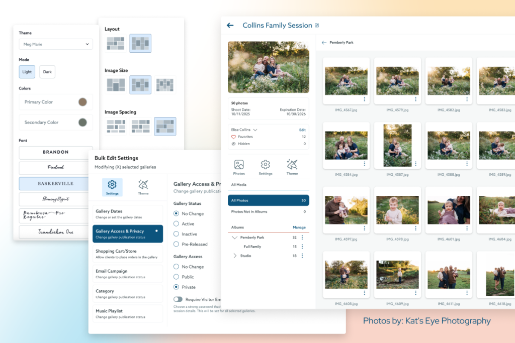 The image shows a user interface for managing a photo gallery, with options for theme customization, layout adjustments, and bulk editing settings, alongside a display of the photos in the Collins Family Session gallery. The interface includes settings for gallery access, privacy, and status, as well as options for managing albums and requiring visitor email for access.