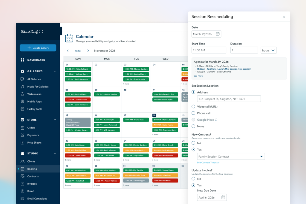 The image shows a screenshot of a calendar and session rescheduling interface from a business management software, likely for photographers or other creative professionals. The calendar displays appointments and availability, while the rescheduling panel allows users to modify session details like date, time, location, and contract information.