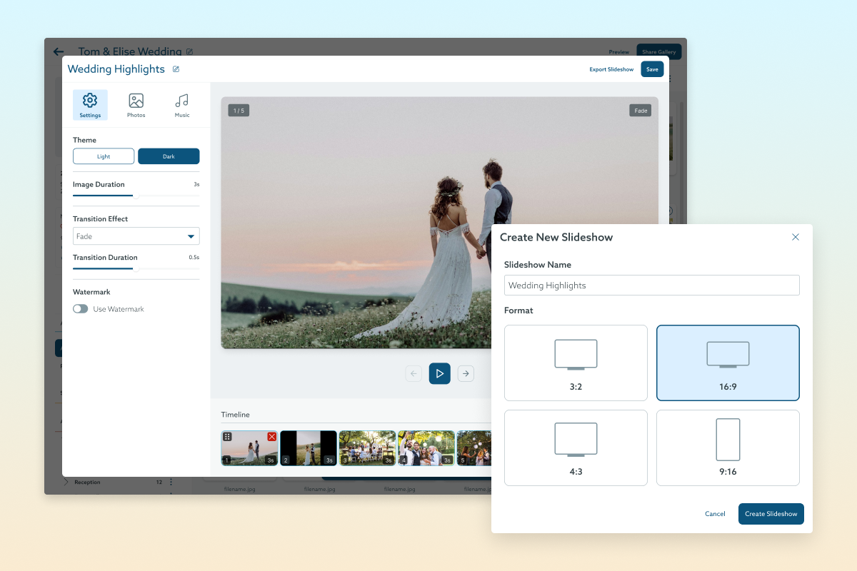 The screenshot shows a Wedding Highlights slideshow editor interface with settings for theme, image duration, transition effects, and watermark. A Create New Slideshow modal is open, allowing the user to name the slideshow and select a format, with the 16:9 option highlighted.