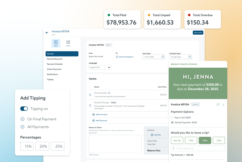 This image shows a software interface for creating and managing invoices, with a focus on adding tipping options. The interface displays invoice details, payment options, and a feature to add a tip, with percentage options and a custom amount field.