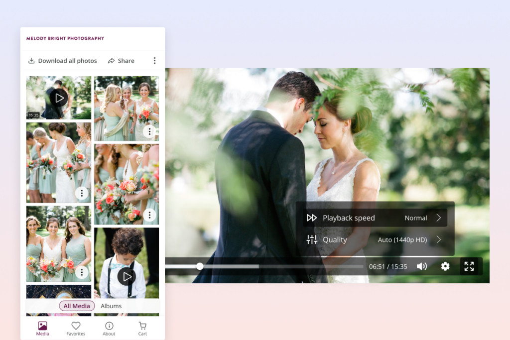 The image shows a mobile app for Melody Bright Photography, displaying a gallery of wedding photos and videos. The main view features a video of a bride and groom standing close together, with playback controls visible.