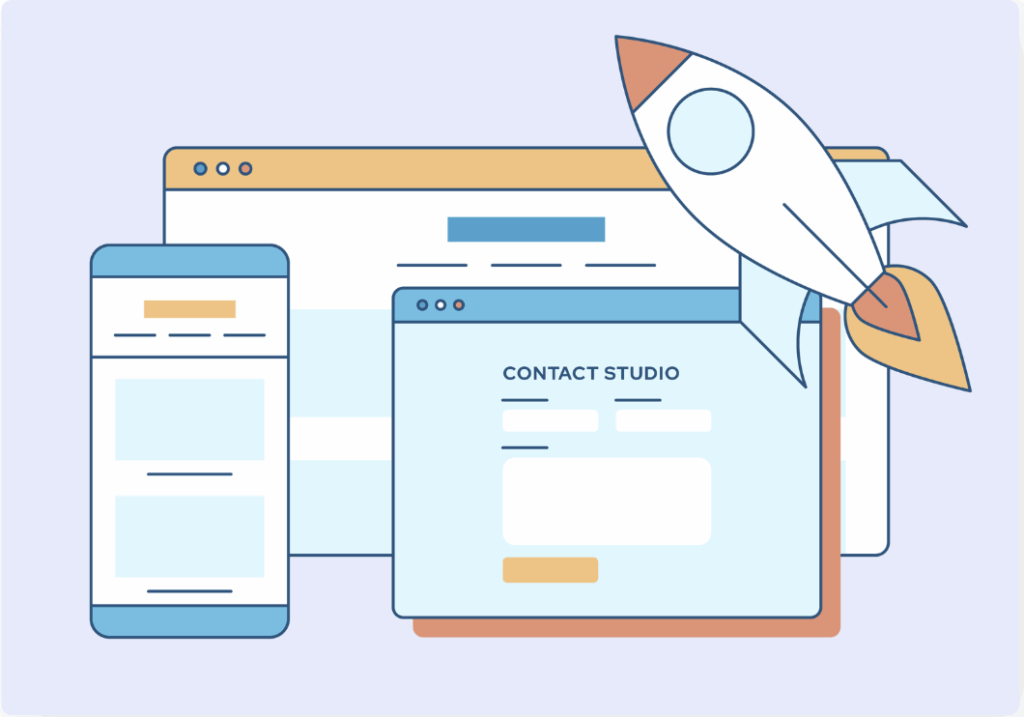 A cartoon illustration shows a rocket ship launching from a "Contact Studio" form window, with a mobile phone and website window in the background. The image uses a light blue, orange, and white color palette with a clean, minimalist style.