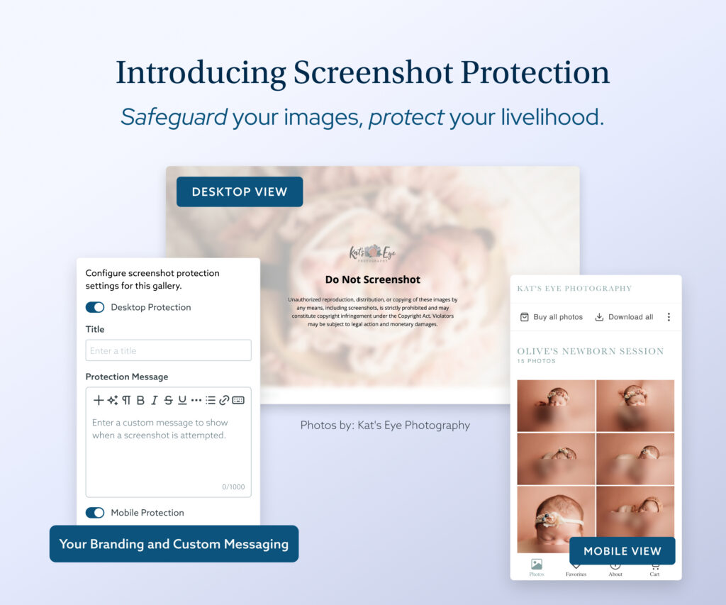 The image showcases a feature called "Screenshot Protection" for safeguarding images and protecting livelihood, with examples of desktop and mobile views. It includes options to configure screenshot protection settings, such as adding a title and custom message.