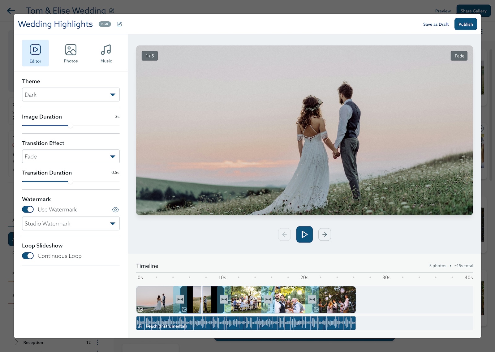 A screenshot of a digital wedding video editor interface displaying a preview of a bride and groom holding hands on a grassy hill at sunset, with editing controls on the left and a timeline with photo thumbnails and an audio track at the bottom.