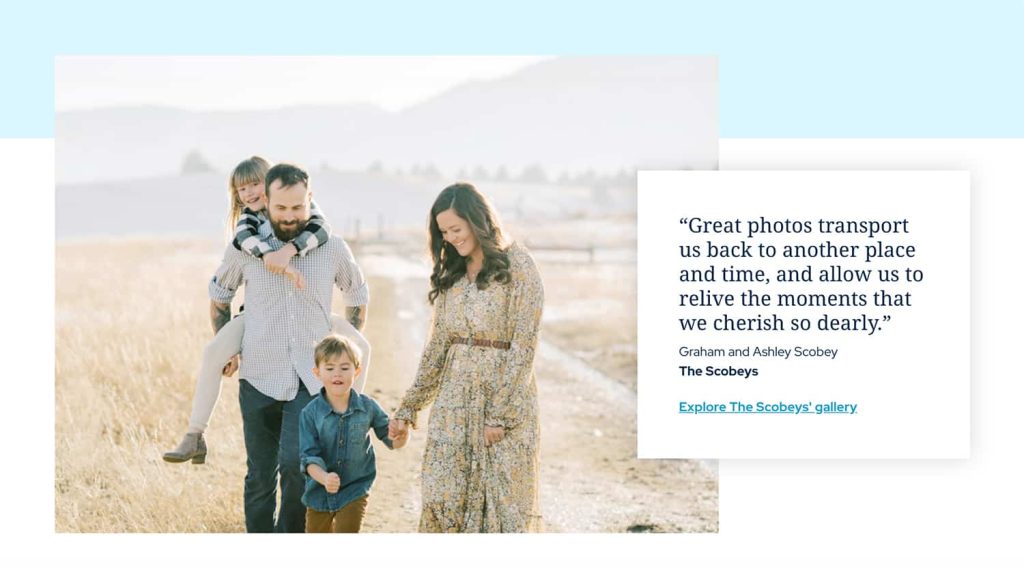 The Scobey family walking in the field and a quote about photography