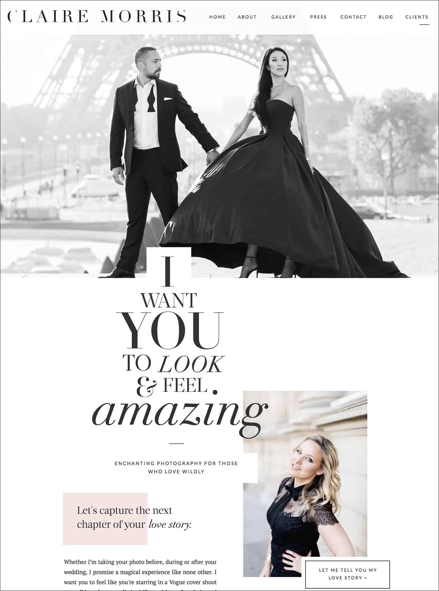 How To Make A Photography Website Your Dream Clients Can’t Resist: Claire Morris's homepage is a fantastic example of how to present text in a visually stunning way.