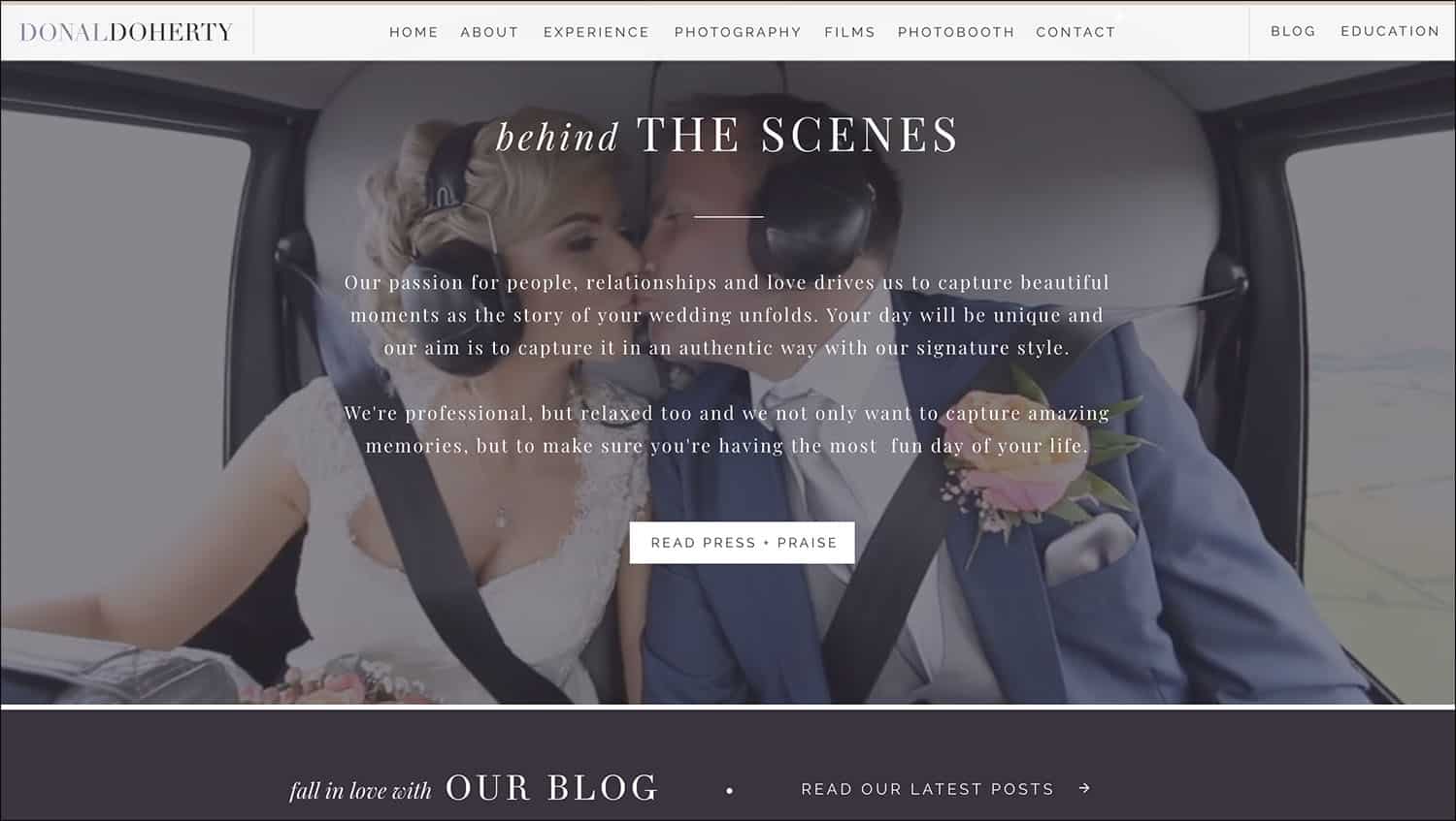 How To Make A Photography Website Your Dream Clients Can’t Resist: Donal Doherty cleverly overlays text onto video clips, adding interest.