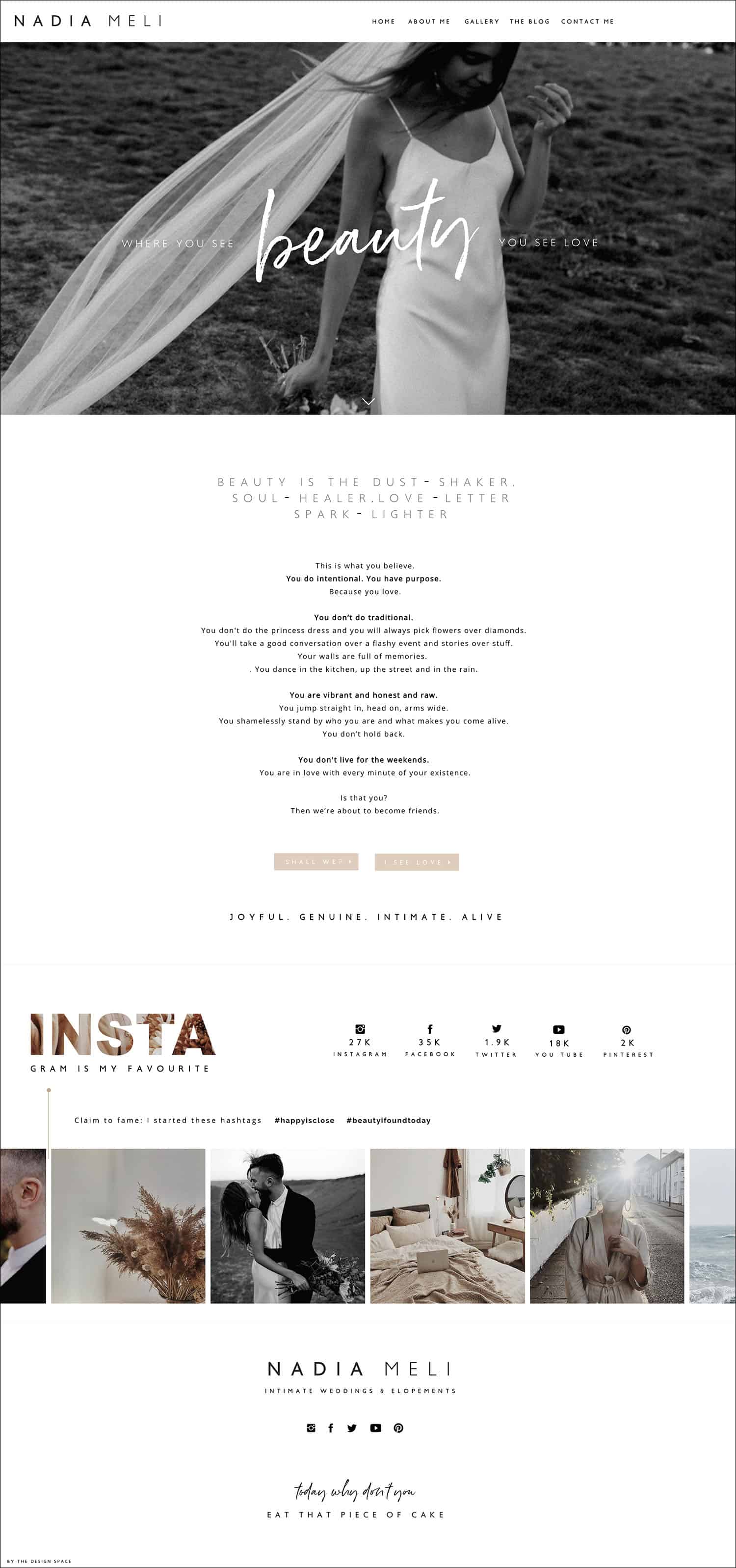 How To Make A Photography Website Your Dream Clients Can’t Resist: Nadia Meli's homepage beautifully utilizes text to captivate potential clients.