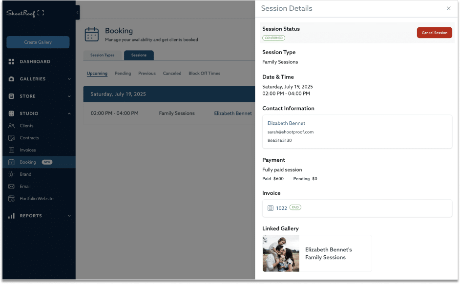 booking session details