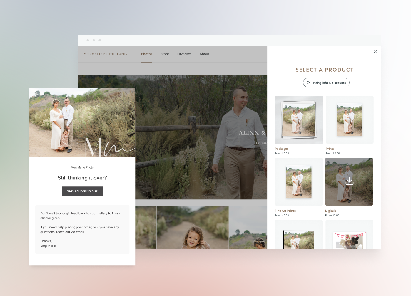 The image shows a photography website interface with a gallery of family portraits, a "Select a Product" pop-up for purchasing prints and digital downloads, and a "Still thinking it over?" pop-up encouraging the user to finish checking out. The website is branded "Meg Marie Photography" and features images of a family in an outdoor setting.