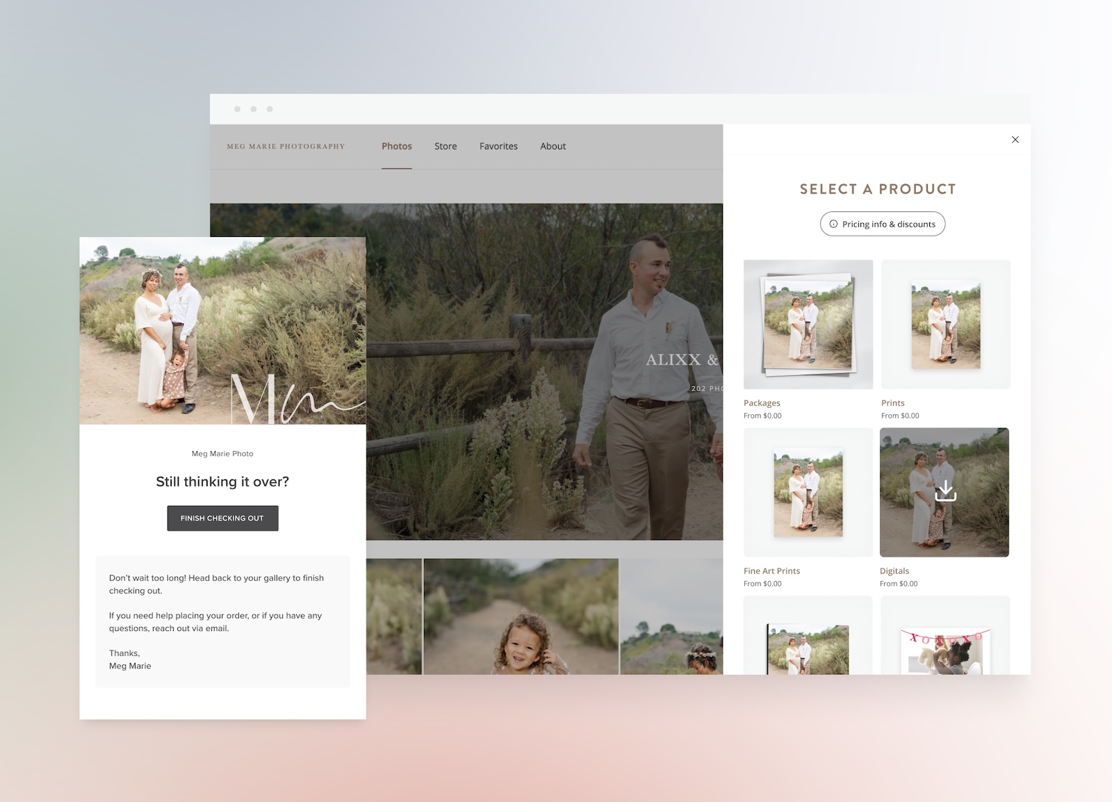 The image shows a photography website interface with a gallery of outdoor photos, including a pregnant woman with her family, and a pop-up window asking if the user is still thinking about checking out. On the right, a "Select a Product" panel displays options for purchasing packages, prints, fine art prints, and digital copies of the photos.