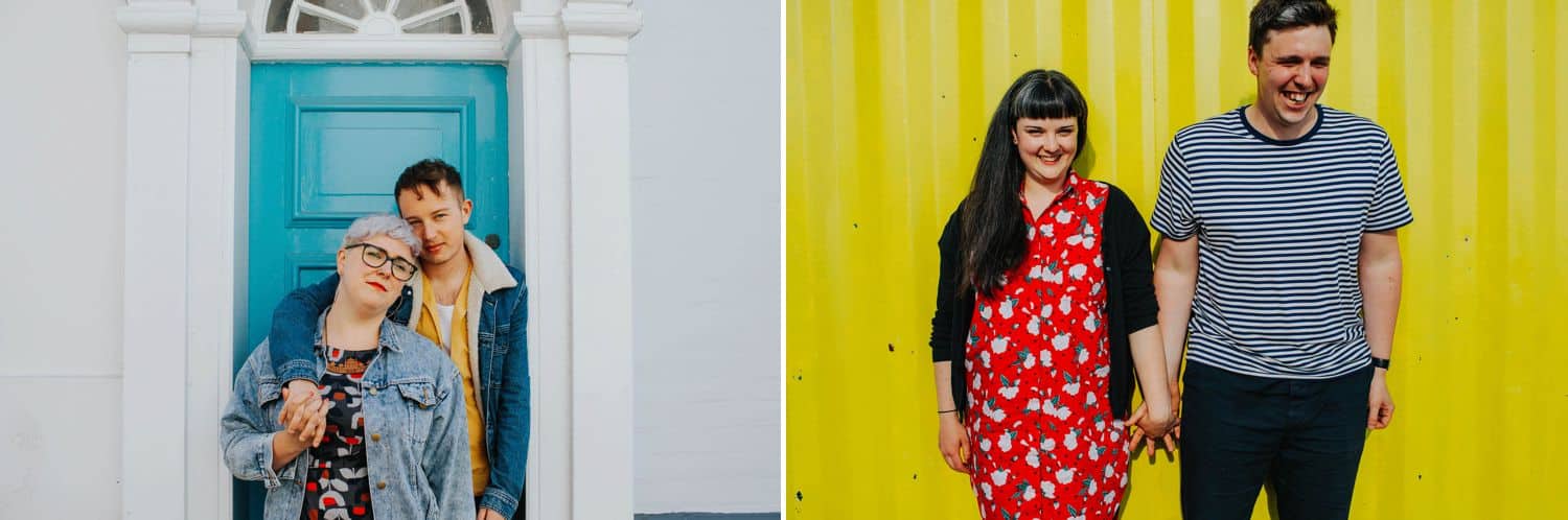 How To Make A Photography Website Your Dream Clients Can’t Resist: Two brightly-dressed couples stand before vibrant backdrops, one snuggled close, one holding hands.