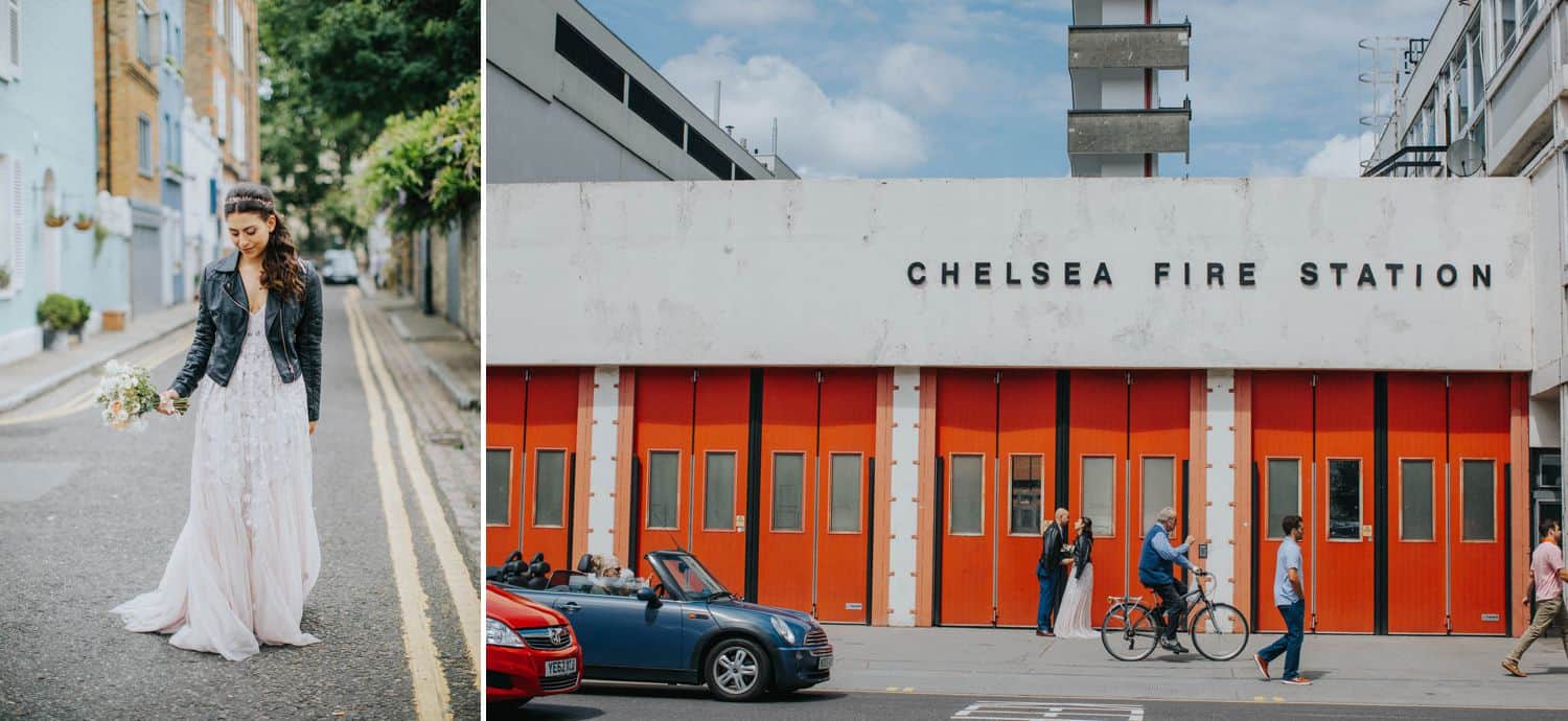 How To Make A Photography Website Your Dream Clients Can’t Resist: A bride in a denim jacket is photographed alone in an alleyway, then in front of a vibrant orange fire station with her groom.