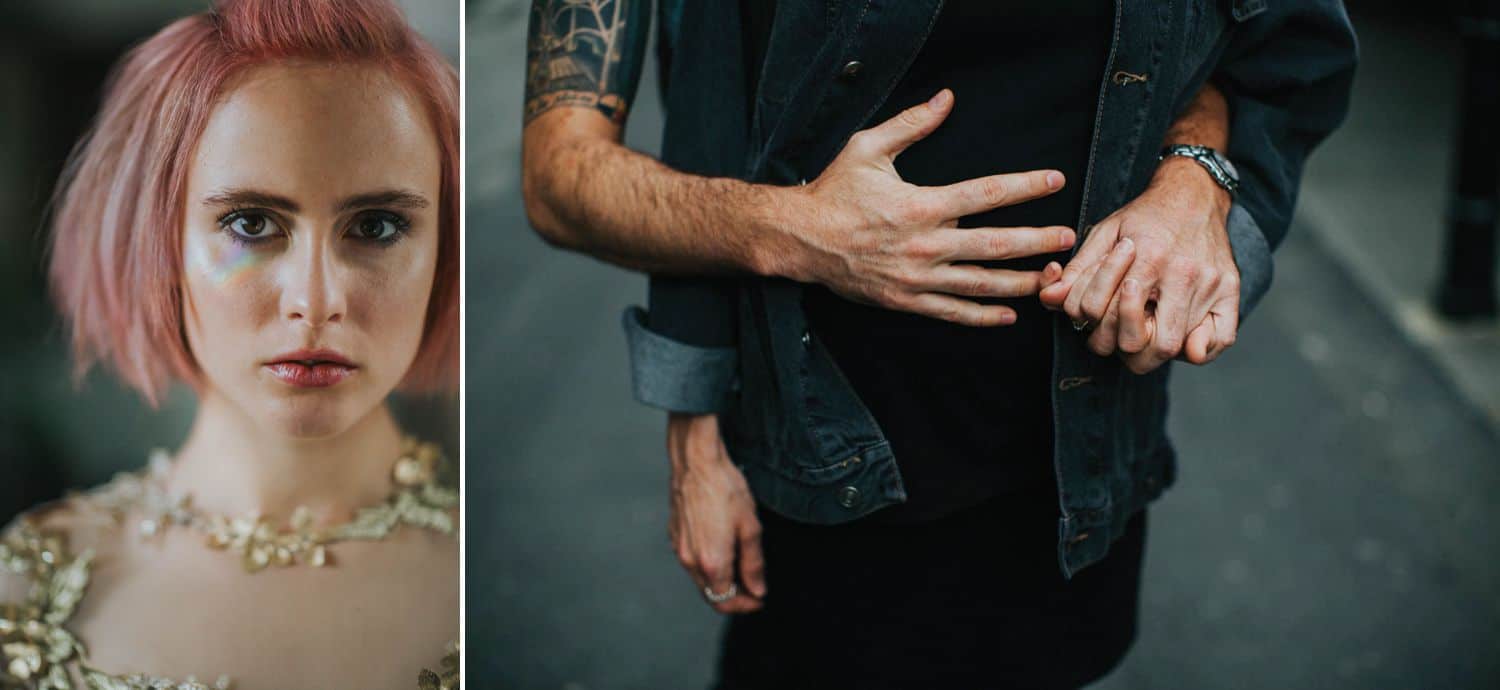 How To Make A Photography Website Your Dream Clients Can’t Resist: A pink haired woman in a gold dress gazes into the lens; a couple holds hands.
