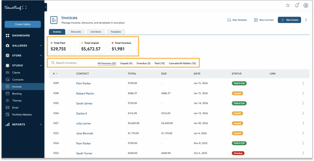 Screenshot of a ShootProof invoice management page, showing a summary of total paid, unpaid, and overdue amounts, along with a detailed list of invoices with information like contact, total, due date, and status. The page also includes options to search invoices, filter by status, and create new templates or invoices.