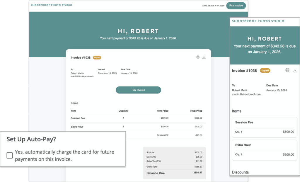 The image shows a Shootproof Photo Studio invoice for Robert Martin, with a balance due of $686.57, and a pop-up box asking to set up auto-pay for future invoices. The invoice includes charges for a session fee and an extra hour, with a discount applied.