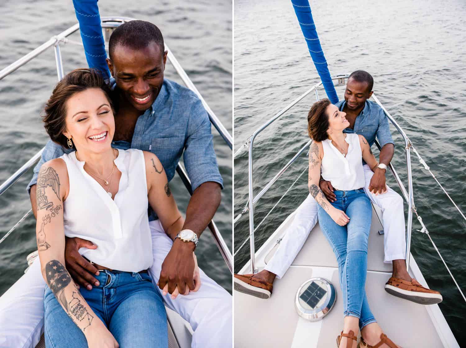 Portraits of a Black man and a White woman on a sailboat