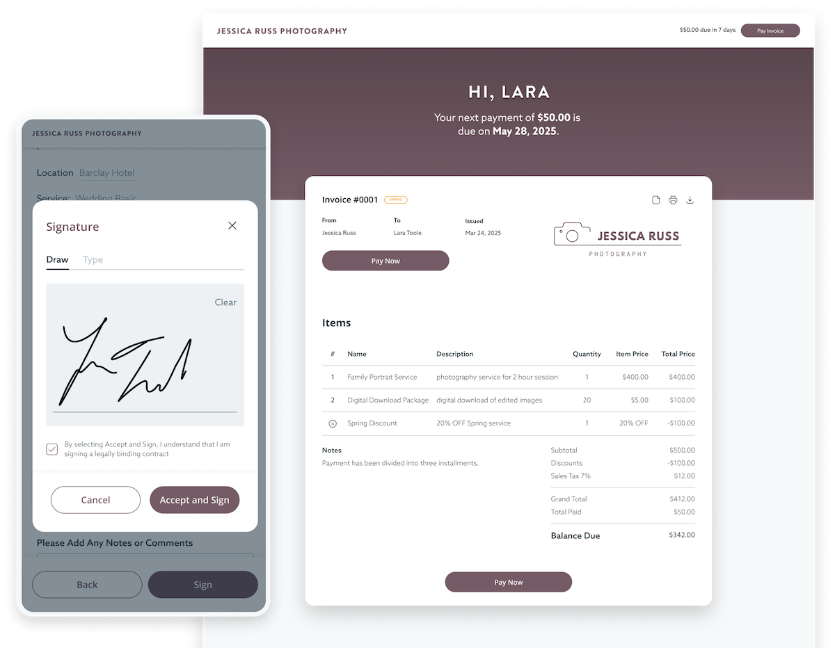 The image shows a digital invoice from Jessica Russ Photography, with a pop-up window for signing the invoice using a drawn signature. The invoice details the services provided, costs, discounts, and the balance due, while the signature window displays a handwritten signature and options to accept or cancel.