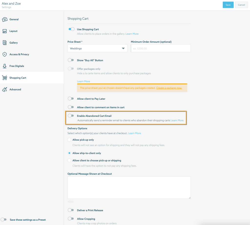 Gallery Settings Abandoned Cart Toggle