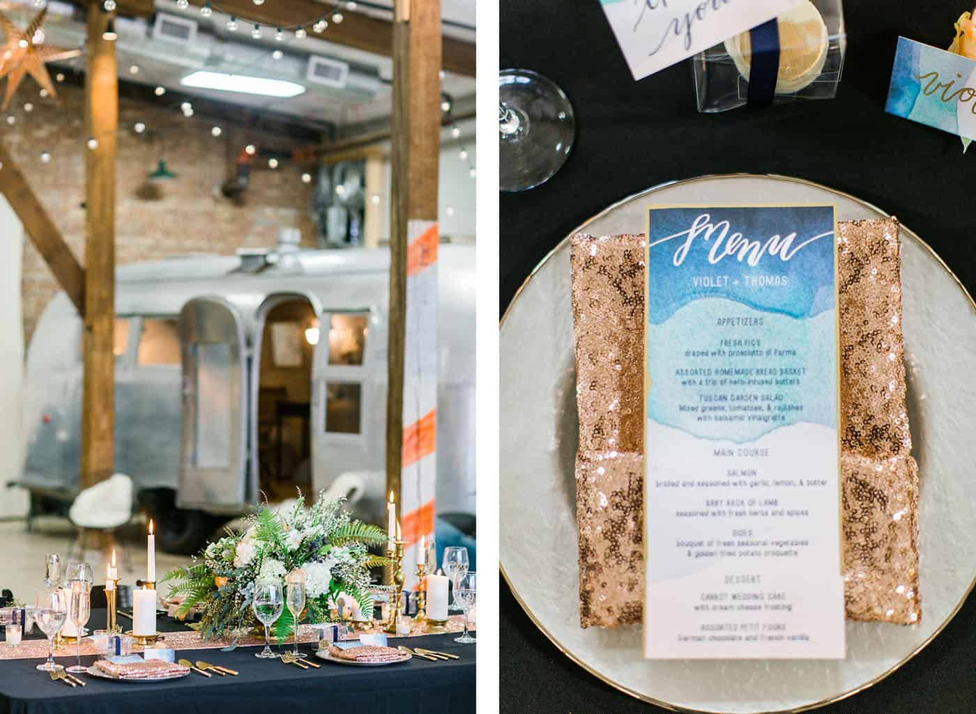 indoor airstream wedding reception blue and gold rachael osborn client questions